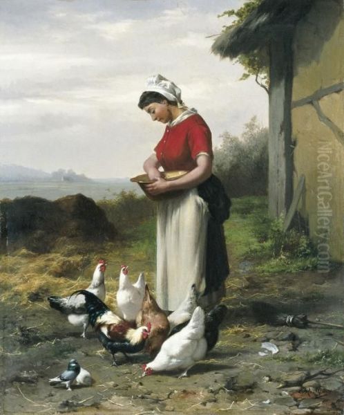 The Feeding Of Thechicken Oil Painting by Eugene Remy Maes