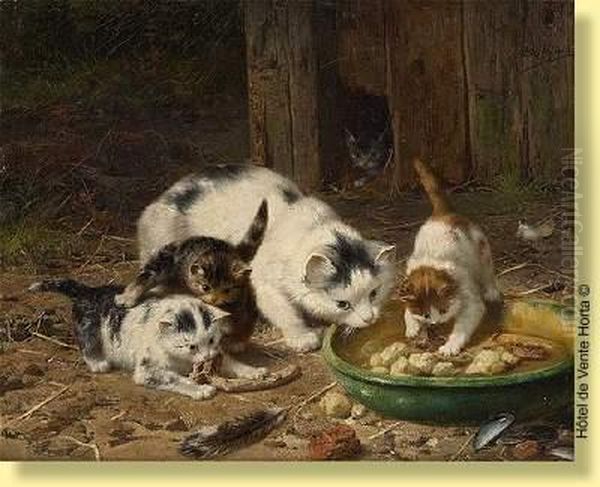 Le Repas Des Chatons Oil Painting by Eugene Remy Maes