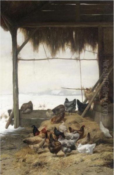 Chickens By A Hay Bail.; Chickens In A Barn In Winter Oil Painting by Eugene Remy Maes