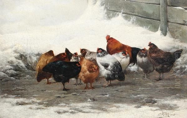 Chickens In A Snowy Yard; A Hen And Herchicks, A Pair Oil Painting by Eugene Remy Maes