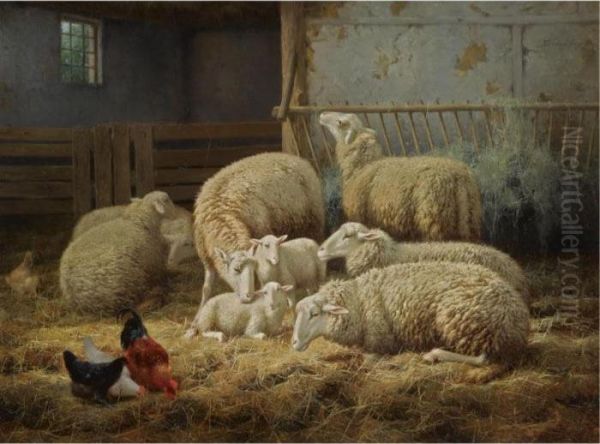 Sheep And Chickens In A Barn Oil Painting by Eugene Remy Maes