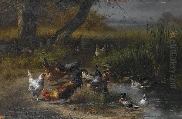 Poultry And Ducks By A Pond Oil Painting by Eugene Remy Maes