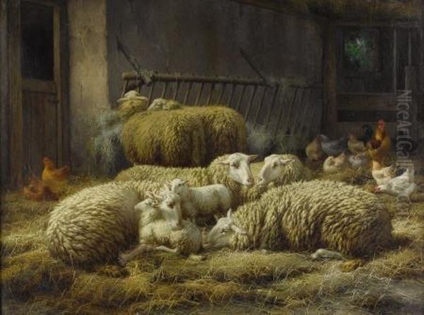 Sheep And Chickens In A Barn Oil Painting by Eugene Remy Maes