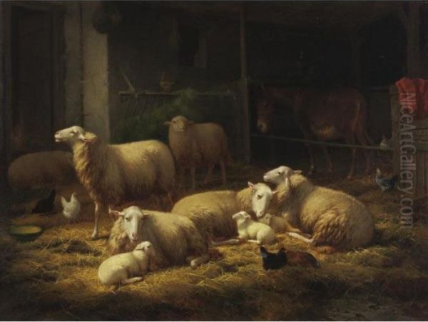 Sheep In A Barn Oil Painting by Eugene Remy Maes