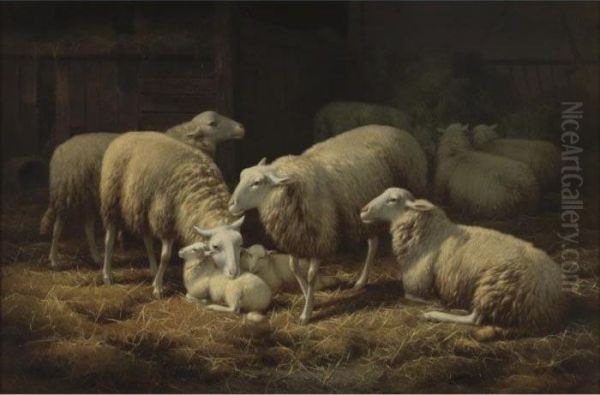 Sheep In The Stable Oil Painting by Eugene Remy Maes