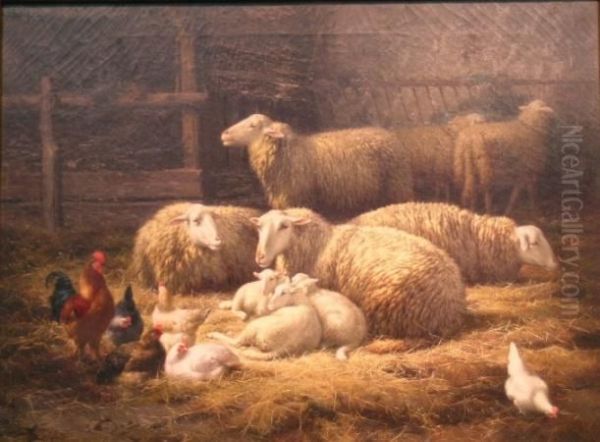 Sheep In Stable Oil Painting by Eugene Remy Maes