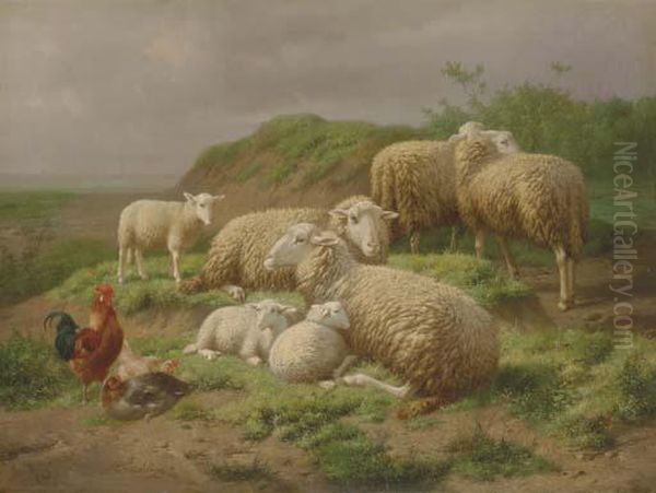 Sheep And Roosters In A Pasture Oil Painting by Eugene Remy Maes