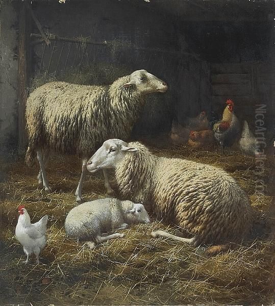 Sheep And Chickens In A Barn Oil Painting by Eugene Remy Maes