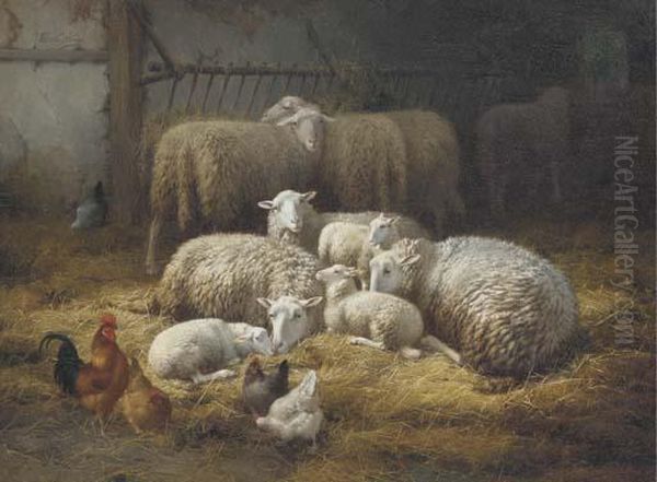 Sheep And Chickens In A Farm Interior Oil Painting by Eugene Remy Maes