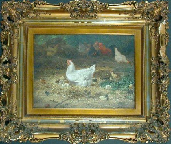 Hens And Chicks In The Farmyard Oil Painting by Eugene Remy Maes