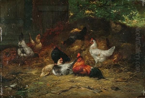 Cockerels And Hens In A Farmyard Oil Painting by Eugene Remy Maes