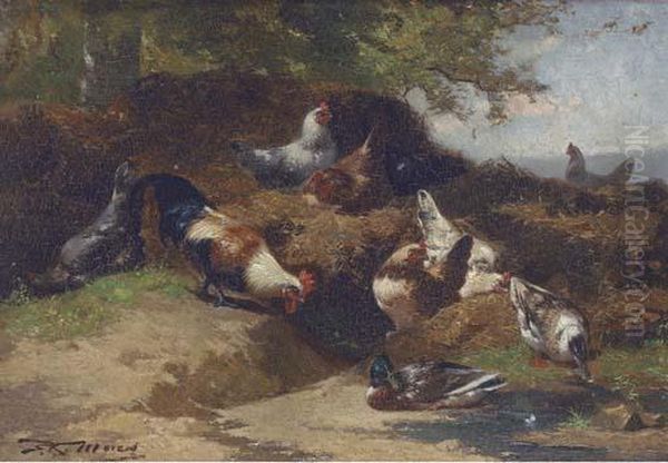 Cockerels And Mallards On A Sheltered Bank Oil Painting by Eugene Remy Maes