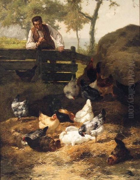 Chickens Feeding In A Farmyard Oil Painting by Eugene Remy Maes