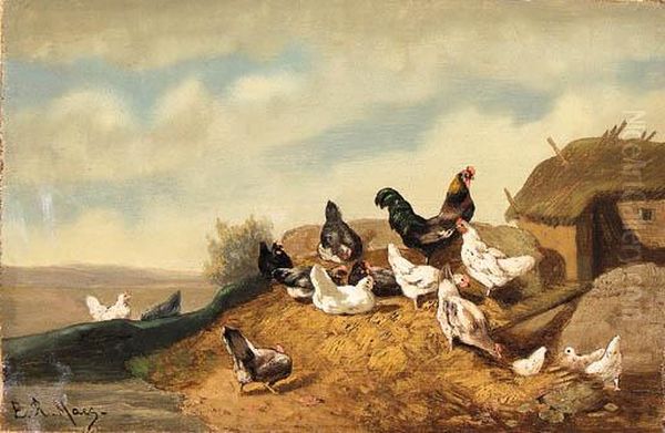 A Cockerel And Hens In A Farmyard Oil Painting by Eugene Remy Maes