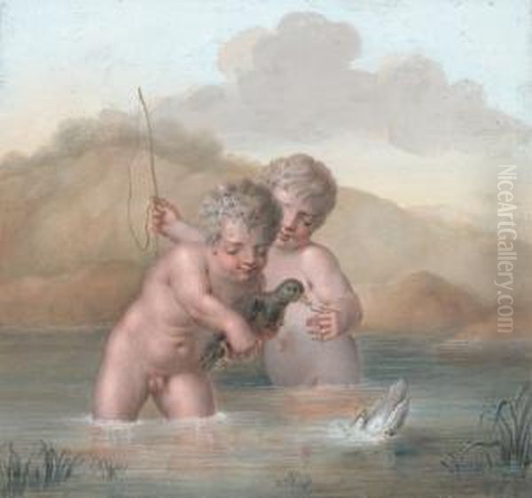 Enfants Jouant Dans L'eau Avec Des Canards Oil Painting by Michaelangelo Maestri