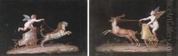 Pompeiian Frescoes Depicting Putti Driving Chariots Drawn By Tigersand Stags Oil Painting by Michaelangelo Maestri