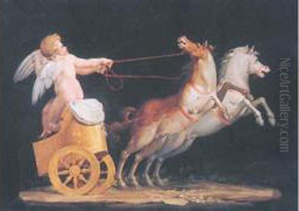 Putto Sur Un Char Tire Par Des Chevaux. Oil Painting by Michaelangelo Maestri