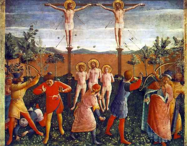 Saint Cosmas and Saint Damian Crucifixed and Stoned Oil Painting by Giotto Di Bondone