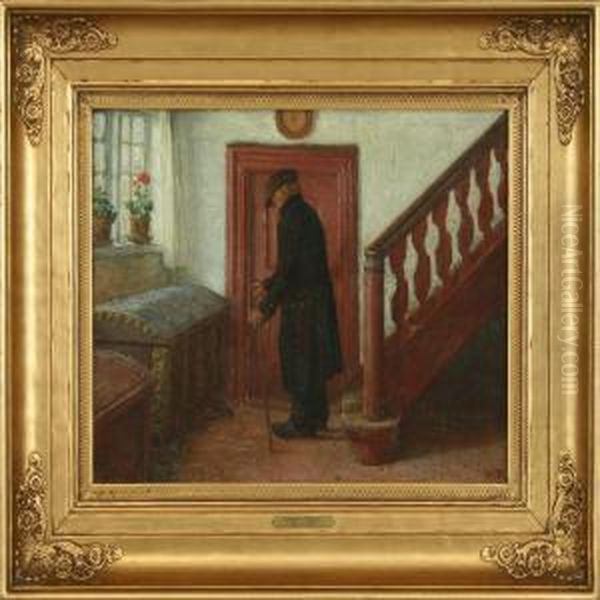 Interior With A Man By A Door Oil Painting by Valdemar Magaard