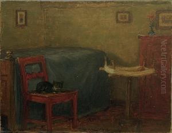 A Cat Asleep On A Chair Oil Painting by Valdemar Magaard