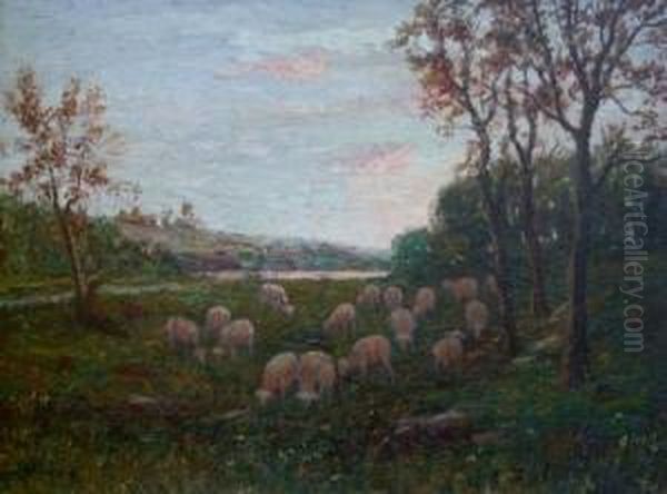 Shepherd And His Flock At Dusk Oil Painting by James C. Magee