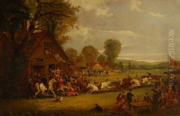 Steeple Chase Passing Through A Village Near The Horse And Jockeyinn Oil Painting by John Charles Maggs