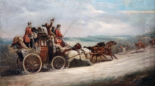 A Coach And Four With A Hunt Passing Beforethem Oil Painting by John Charles Maggs