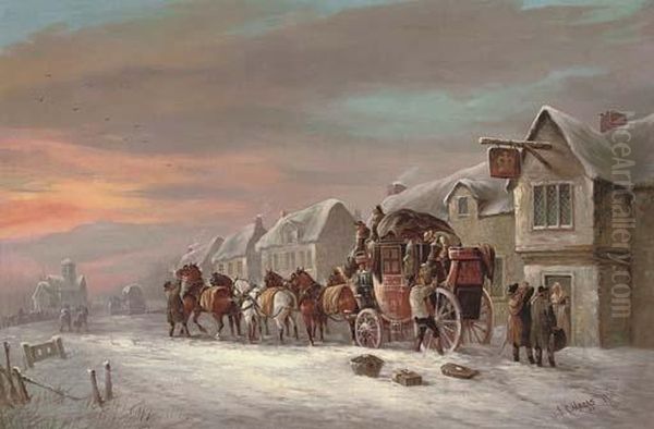 The Bristol To London Red Rover Outside The Crown Inn Oil Painting by John Charles Maggs