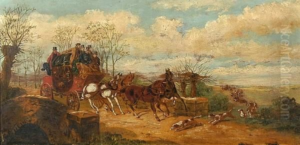 Coach And Horses Crossing A Bridge Oil Painting by John Charles Maggs