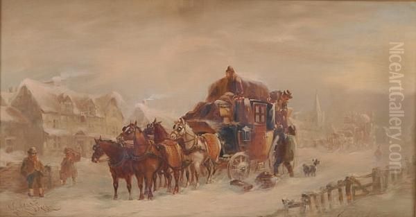 Exeter And London Coach Stopping At The Crown On A Winter Evening Oil Painting by John Charles Maggs