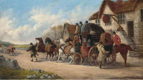 A Mail Coach Outside The Old Fox Inn, A Hunt Beyond Oil Painting by John Charles Maggs