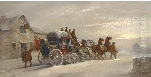 The London To Manchester Mail Coach Outside The Sun Inn Oil Painting by John Charles Maggs