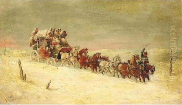 Coach And Horses In The Snow Oil Painting by John Charles Maggs