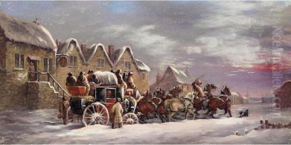 The Oxford To London Coach Outside An Inn In Winter Oil Painting by John Charles Maggs