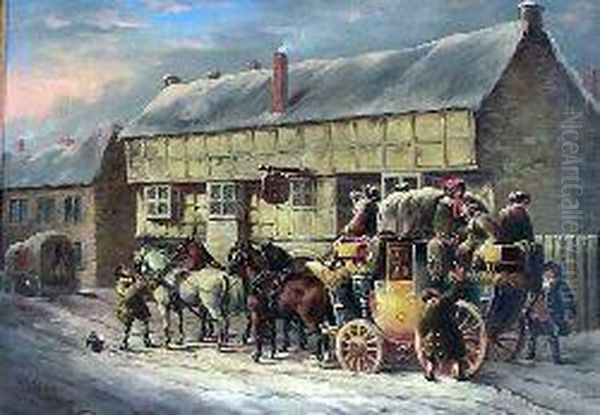 The Bath To Bristol Coach At The George Inn In The Snow Oil Painting by John Charles Maggs