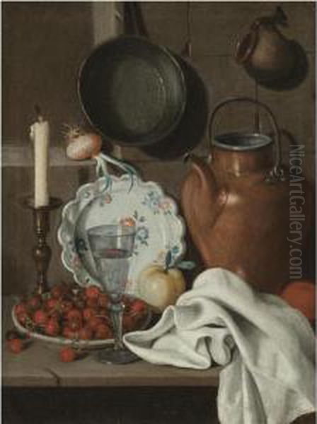 A Still Life With A Candle, 
Cherries In A Stoneware Bowl, A Wine Glass, A Porcelain Plate, An Apple,
 An Orange, A Copper Kettle And A White Table Cloth All On A Stone 
Ledge, Together With A Sprouting Onion, A Saucepan And A Jug Oil Painting by Carlo Magini