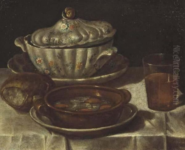 Natura Morta Con Zuppiera, Scodella Colma Di Zuppa, Bicchiere Di Vino E Pagnotta Oil Painting by Carlo Magini