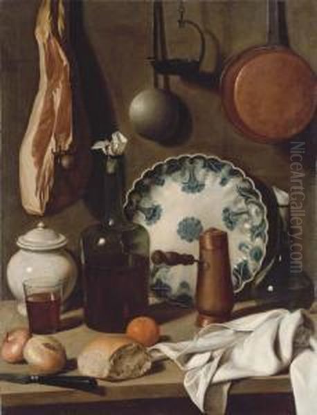 A Glass Bottle, A Blue And White
 Porcelain Platter, A Copper Coffeepot, A Flask, A Covered Jar, A 
Tumbler Of Wine, A Knife, Bread,onions And An Orange On A 
Partially-draped Table, With A Ham Andpans Suspended From The Wall Oil Painting by Carlo Magini