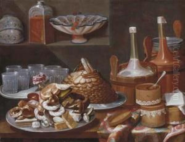 Cakes, Bread, Fruit, A Rose, 
Savoiardi Biscuits And Glasses Onpewter Plates With Bottles In Pails And
 Decorated Boxes On A Partlydraped Table, White And Blue Porcelain Cups 
And Bowls With A Glassjar On A Ledge Oil Painting by Carlo Magini