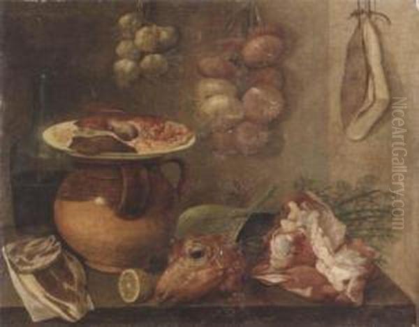 A Sheep's Head, Lemon, Bottle 
And An Earthenware Jar Covered By A Dish With Animal Lights, With Fennel
 On A Table Top, Onions, Garlic And A Ham Hanging On The Wall Beyond Oil Painting by Carlo Magini