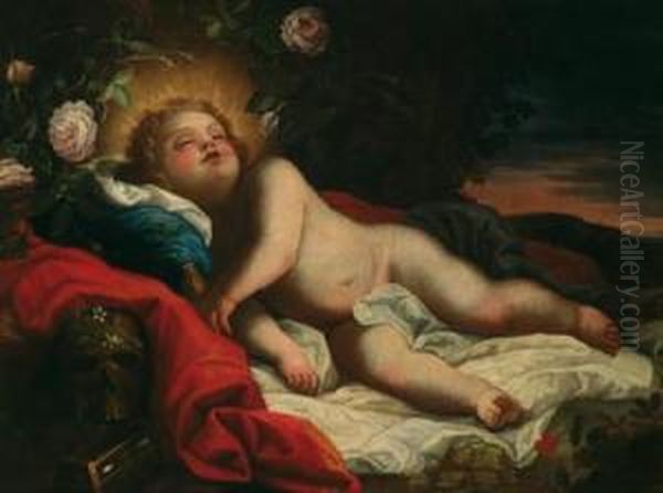 Gesu Bambino Dormiente Con 
Aureola E Corona Di Rose In Un Paesaggio A Distesa; Olio Su Tela Oil Painting by Stefano Magnasco