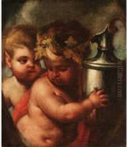 Two Satyrs With An Ewer Oil Painting by Stefano Magnasco