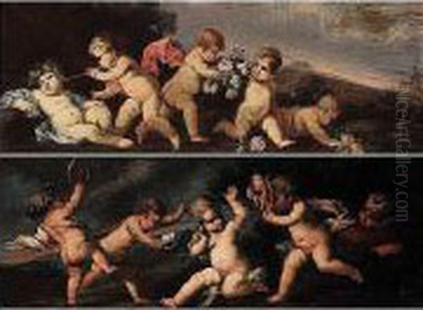 Landscapes With Putti Disporting Oil Painting by Stefano Magnasco