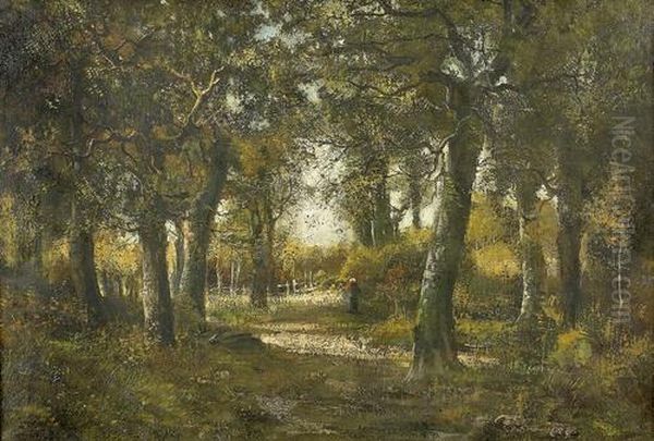 Waldlandschaft Bei Fontainebleau Mit Reisigsammlerin. Oil Painting by Camille Magnus