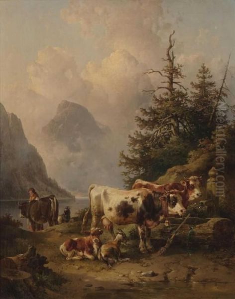 Magd Mit Vieh Am Brunnen Oil Painting by Edmund Mahlknecht