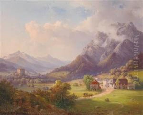 Blick Auf Den Grimming Und Schloss Trautenfels Oil Painting by Edmund Mahlknecht