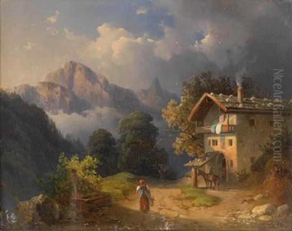 Gewitterstimmung Im Hoch -gebirge Figuralstaffiert Oil Painting by Edmund Mahlknecht