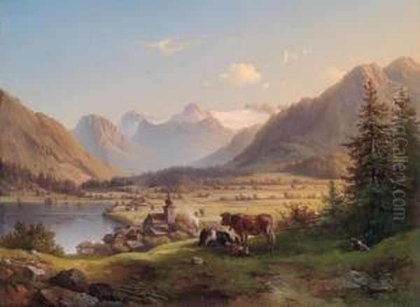 Veduta Di Altaussee E Del Dachstein Oil Painting by Edmund Mahlknecht