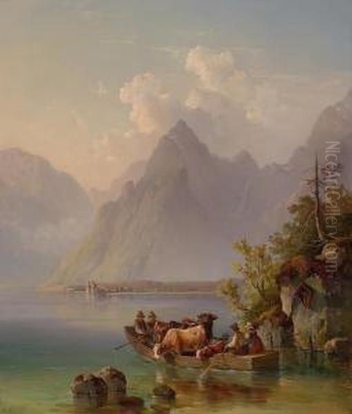 Il Trasporto Sul Lago Di Konigssee Oil Painting by Edmund Mahlknecht