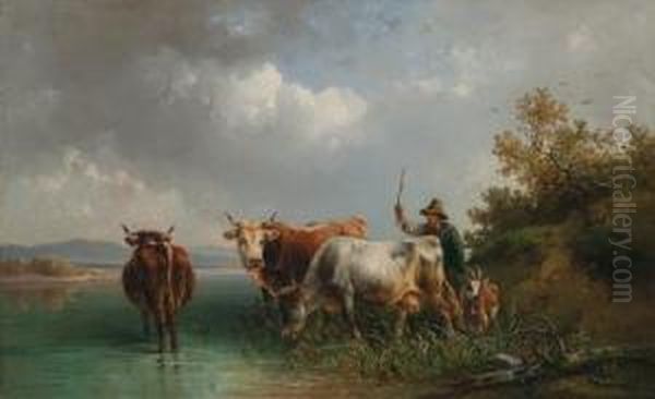 Cows With Herdsman On The Bank Of A River Oil Painting by Edmund Mahlknecht